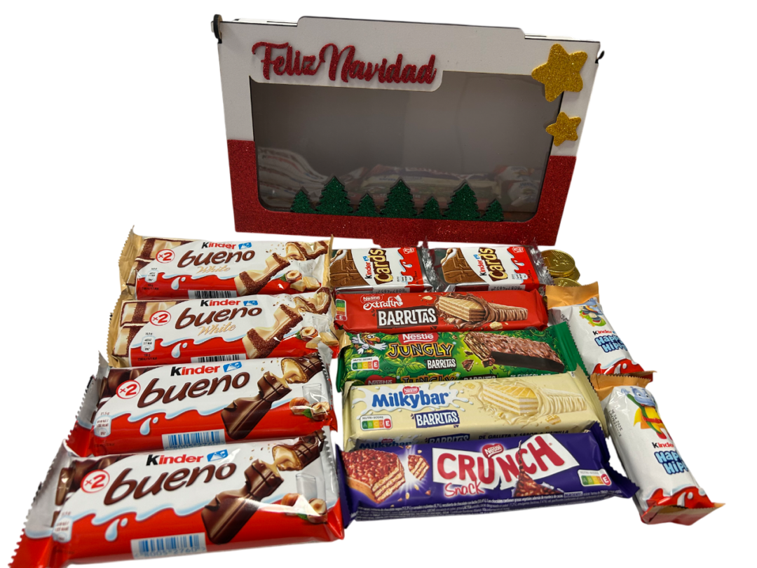 Caja madera,  Con ventana navidad, Relleno chocolates