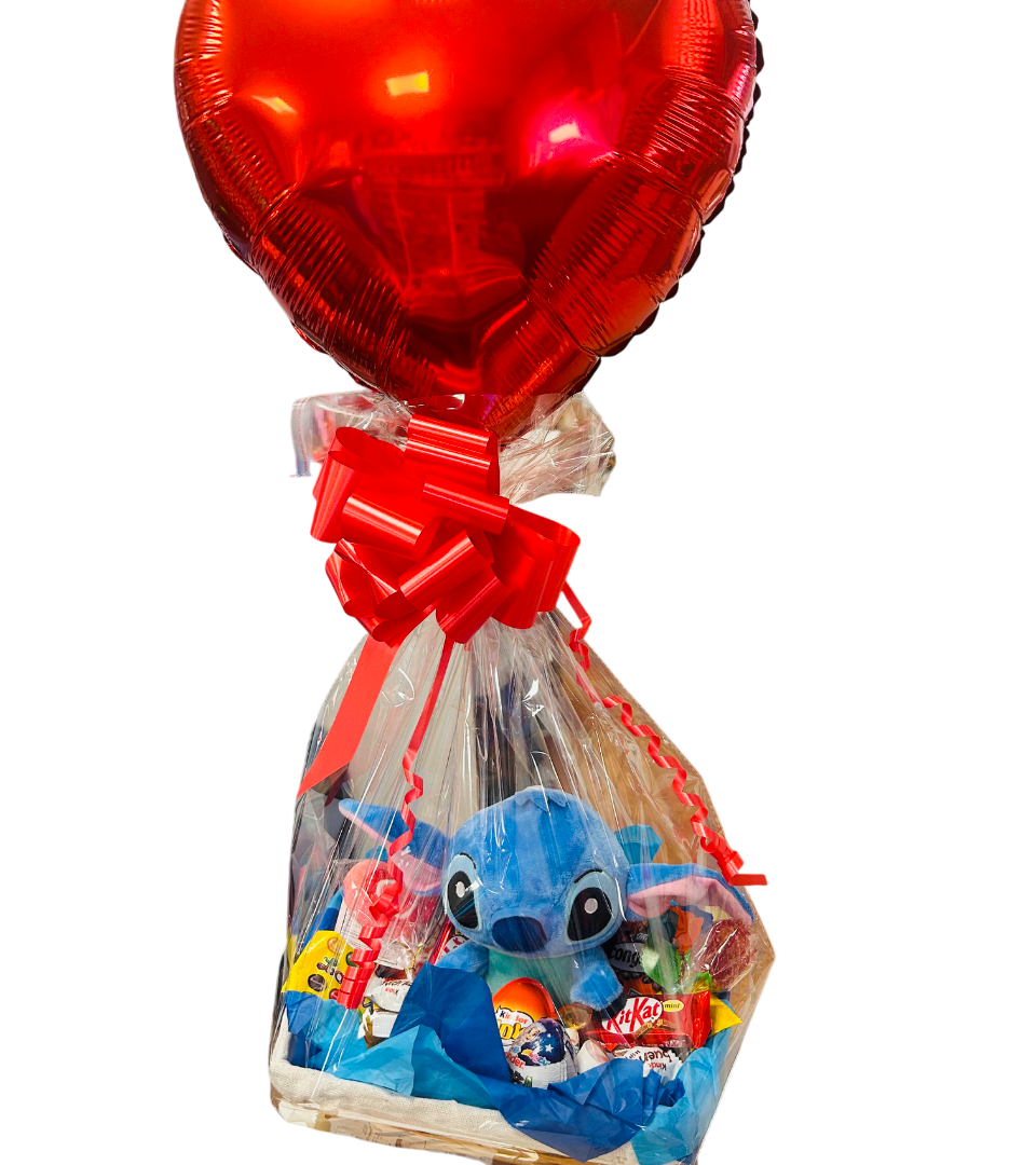 Cesta bandeja + Peluche stich azúl con chocolates + Globo ,San Valentín.