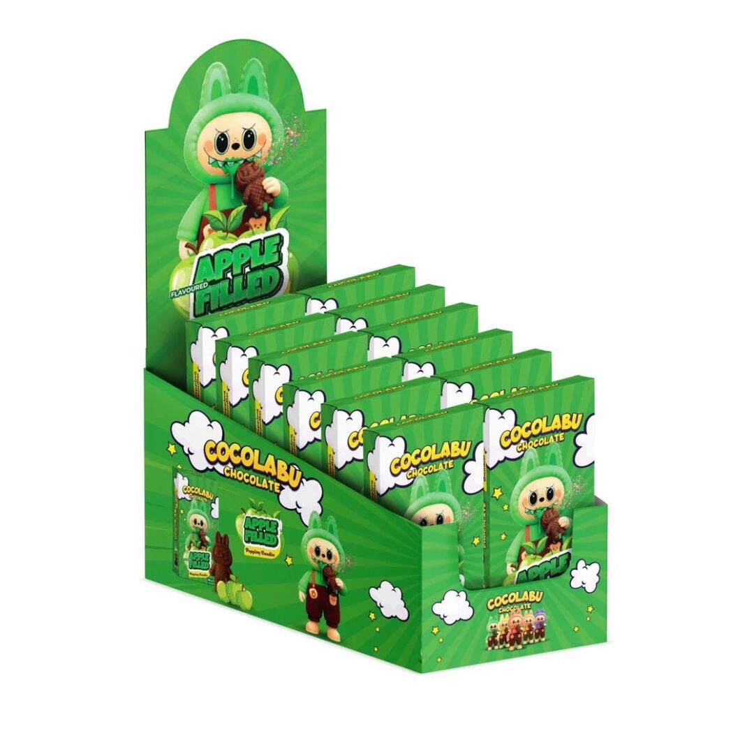 Cocolabu, Tableta chocolate forma labubu 100g. Sabor manzana verde